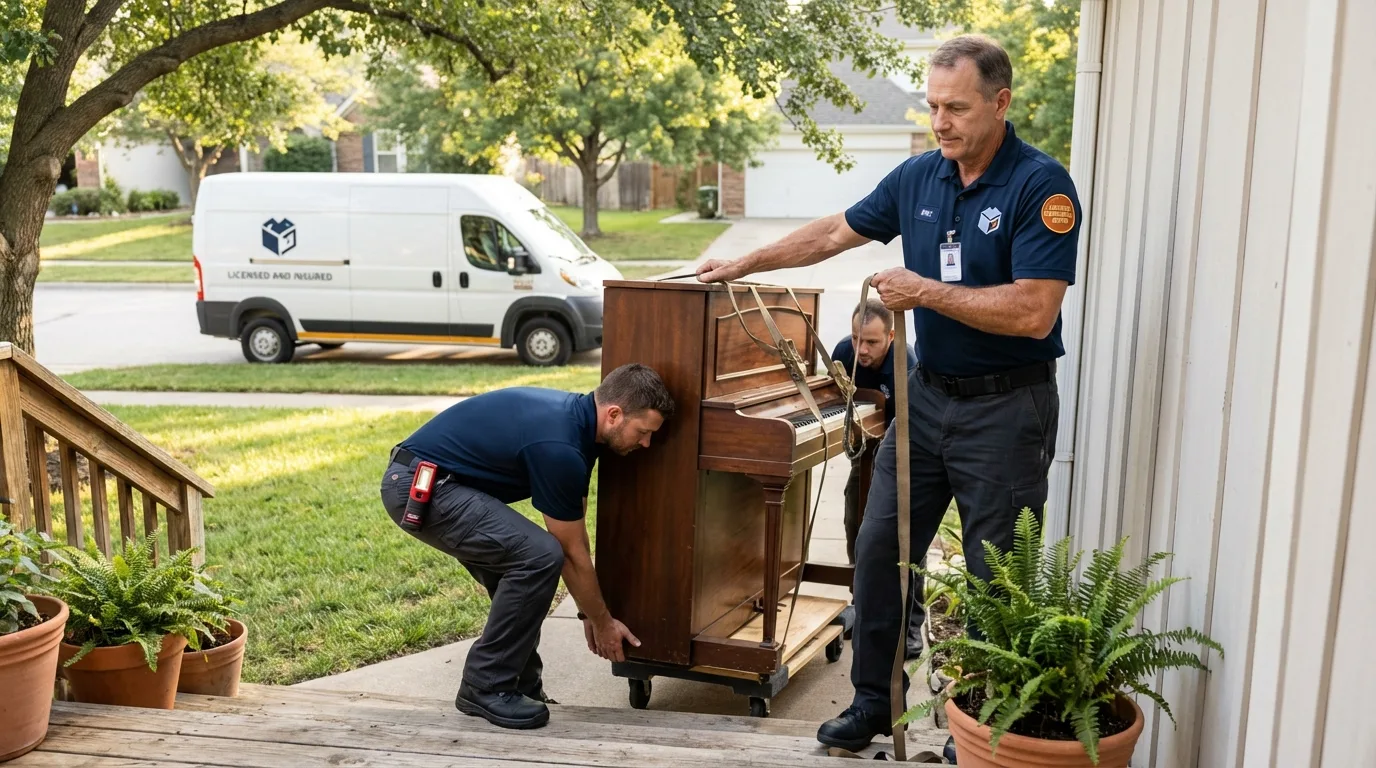 Licensed piano movers securing grand piano in Liberty, MS