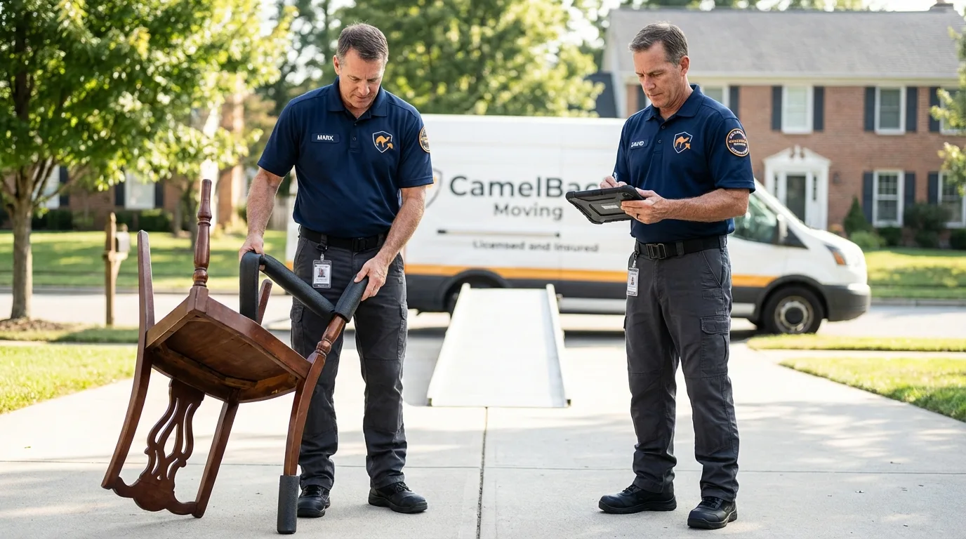 Movers inspecting furniture for damage prevention before loading in Liberty, MS