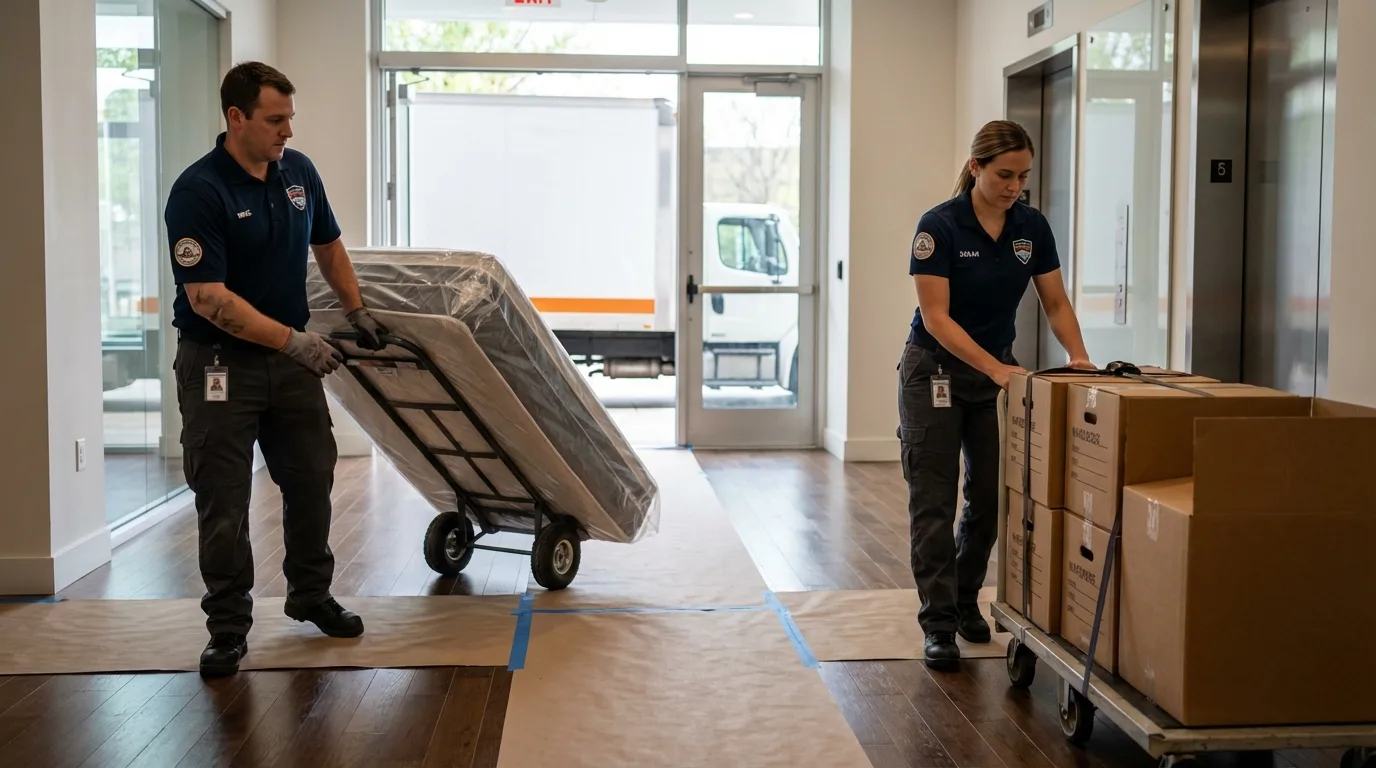 Professional apartment movers loading elevator in Liberty, MS